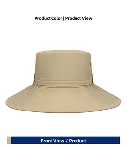 Front view of khaki waterproof outdoor sun hat with wide brim and metal vents