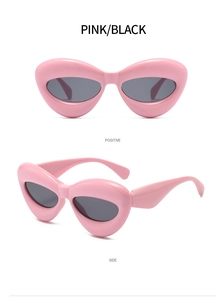 Detailed views of pink bubble cat eye sunglasses with thick frames and dark lenses