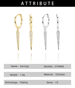 Detail view of 925 silver cone earrings with cubic zirconia stones and plating finish