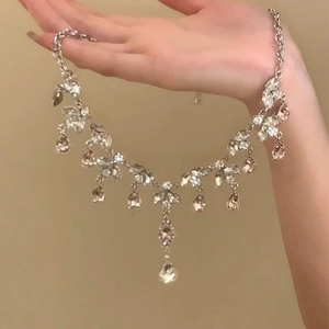 French court style water drop pendant necklace with rhinestone tassels in silver finish