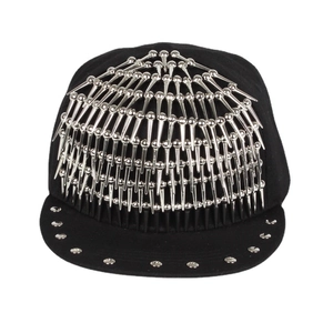 Hip hop black flat brim baseball cap with silver metal studs and rivets on white background
