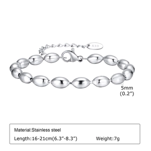 Macro shot of silver stainless steel 5mm oval bead chain bracelet with adjustable clasp