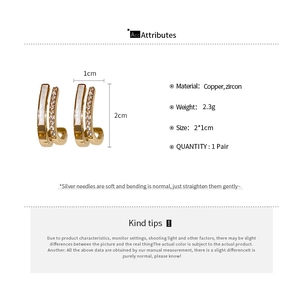 Detailed size specifications for gold double-layered C-shaped earrings with zircon inlay
