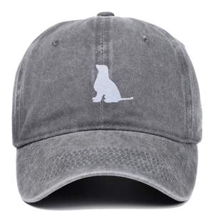 Washed dark gray cotton baseball cap featuring white embroidered dog silhouette