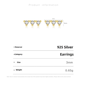 Detailed specs of gold 925 sterling silver earrings with three cubic zirconia stones