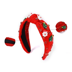 Christmas headband with Santa Claus and sparkling rhinestones on red fabric base