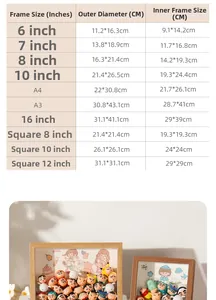 Size chart for wooden display frames showing dimensions for 6-inch to 16-inch models