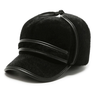 Winter faux fur trapper baseball hat for men with earflaps and plush lining in black