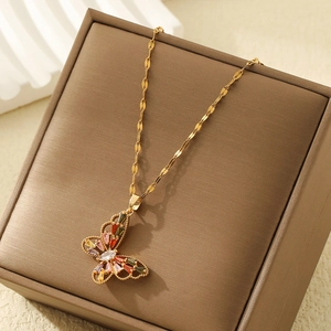 Gold-plated stainless steel butterfly pendant necklace with colorful zircon stones on box