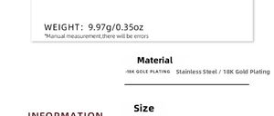 Specifications for stainless steel 18K gold earrings showing weight 9.97g and materials