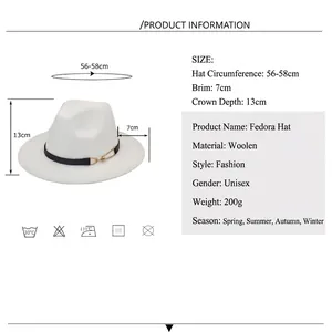White wool fedora hat for men and women with black leather band and metal buckle