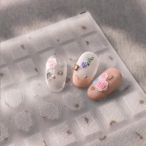 Detail of 3D embossed pink flowers and lace pattern nail art stickers with pearls