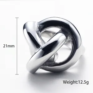Polished stainless steel knot ring with hollow woven design, weight 12.5g, height 21mm
