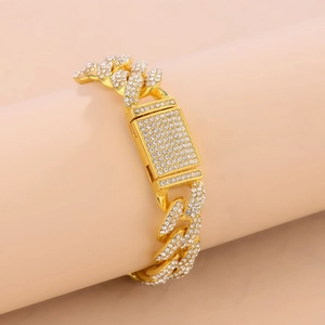 Hip hop gold plated Cuban link bracelet with iced out crystals and box clasp