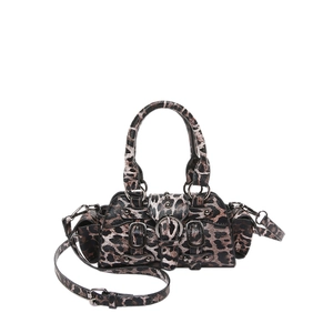 Retro leopard print crossbody handbag with metallic rivets and brown PU leather texture