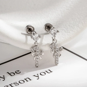 Bowknot Candy Cane Ear Cartilage Stud Piercing Titanium Steel Post Cubic Zirconia Copper Dangle Helix Jewelry Silver Color