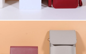 Detail of minimalist touchscreen phone bags in various colors with fine stitching and flaps