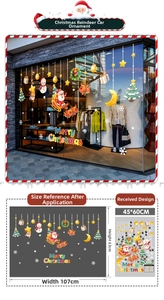 Christmas window decals showing Santa sleigh and reindeer with size specs 107x63cm