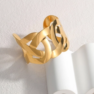 Baroque hollow crossover twisted wide open bangle in gold-plated stainless steel