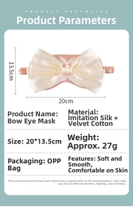 Detail view of pink silk bow sleep mask showing 20x13.5cm dimensions and materials
