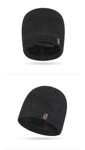 Detailed views of a black core-spun yarn knitted beanie with soft plush lining