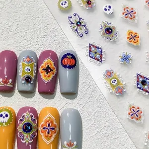 Bohemian embossed 3D nail art stickers with Halloween skull and pumpkin patterns