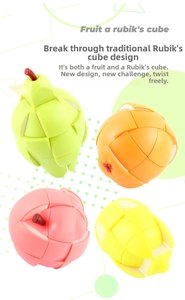Primer plano detallado de cubos mágicos con forma de frutas: melocotón, pera, limón y manzana