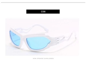 Close-up of futuristic white frame sunglasses with blue lenses and hollowed temple detail