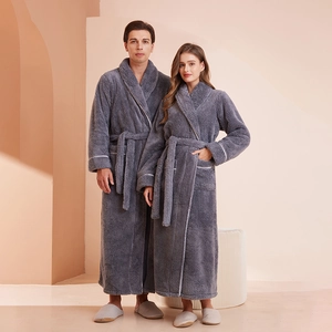Thick grey coral fleece couple bathrobes with contrast trim and waist tie for winter