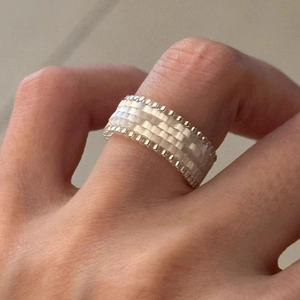 Vintage handmade rice bead wide ring with rectangular metallic patchwork for women