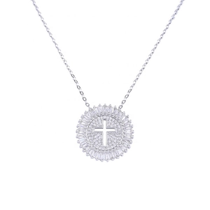 Close-up of a silver hollow cross pendant necklace with sparkling zircon micro-pave