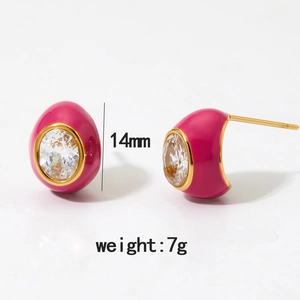 Detail view of pink enamel earrings with gold trim and oval zircon, 14mm height and 7g weight