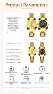 Size chart showing gold stainless steel watch specifications with case width and band details