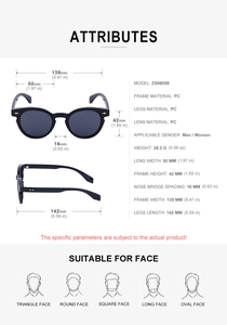 Detailed technical specifications and dimensions of oval frame PC sunglasses for women
