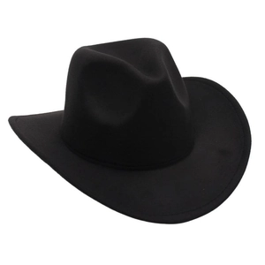 Detail view of the classic black felt wide-brim fedora hat for kids with top dent design