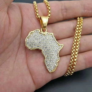 Gold-plated Africa map pendant necklace with iced out rhinestones on a box chain