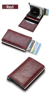 Detail view of burgundy leather RFID card holder with pop-up aluminum mechanism and slots