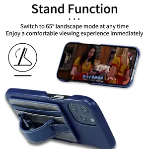 Dark blue leather phone case with 65-degree kickstand, card holder, and wrist strap