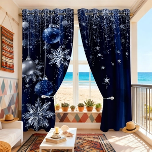 Dark blue Christmas curtains with white snowflake and ornament print for holiday home decor