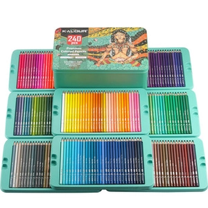 Close-up of 240 colored pencils organized in tiers inside a premium metal storage box