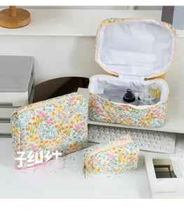 Detailed set of three floral quilted cosmetic bags in blue with various sizes and handles
