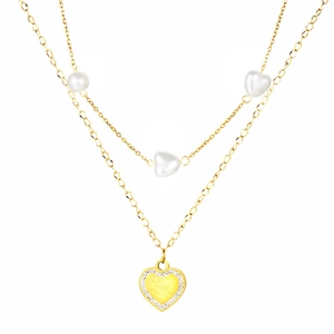 Golden double-layered necklace with pearls and heart pendant set with sparkling zircons