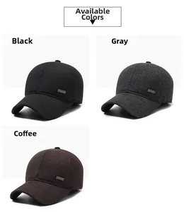 Detailed view of men's winter baseball hats in black, grey, and coffee wool fabric