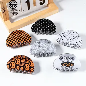 Halloween Hair Claw Clip Large Acrylic Shark Grip Pumpkin Spider Web Skeleton Design For Women Party Hair Accessories