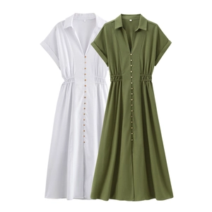Abito Lungo A Camicia Donna Manica Corta Scollo V Bottoni Vita Elastica Tinta Unita Casuale Elegante Trama Lino