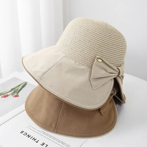 Cappello Da Pescatore Donna Paglia Tessuto Patchwork Tesa Larga Protezione Solare Estate Spiaggia Traspirante Fiocco Regolabile
