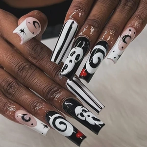 Halloween Press On Nails Long Coffin Shape Artificial Fake Nails With Ghost Face Striped Pink Black White Design