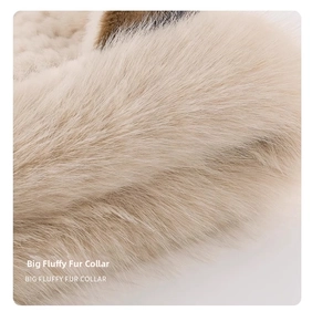 Macro detail of the fluffy cream faux fur collar showing high density and soft texture