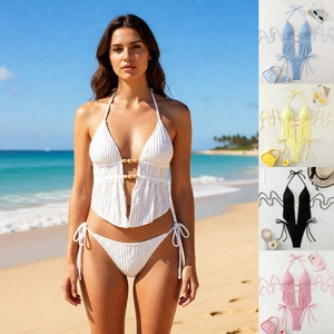 Maillot De Bain Bikini Femme Texturé À Côtes Dos Nu Avec Perles En Bois Tenue De Plage Sexy