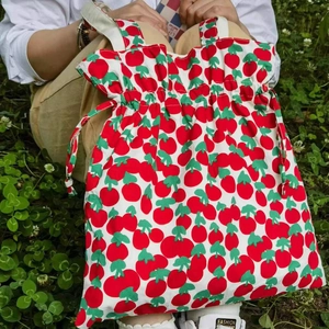 Bolso De Hombro De Lona Con Cordón Algodón Gran Capacidad Estampado Frutas Bolsa De Compras Para Mujer Ligero Portátil